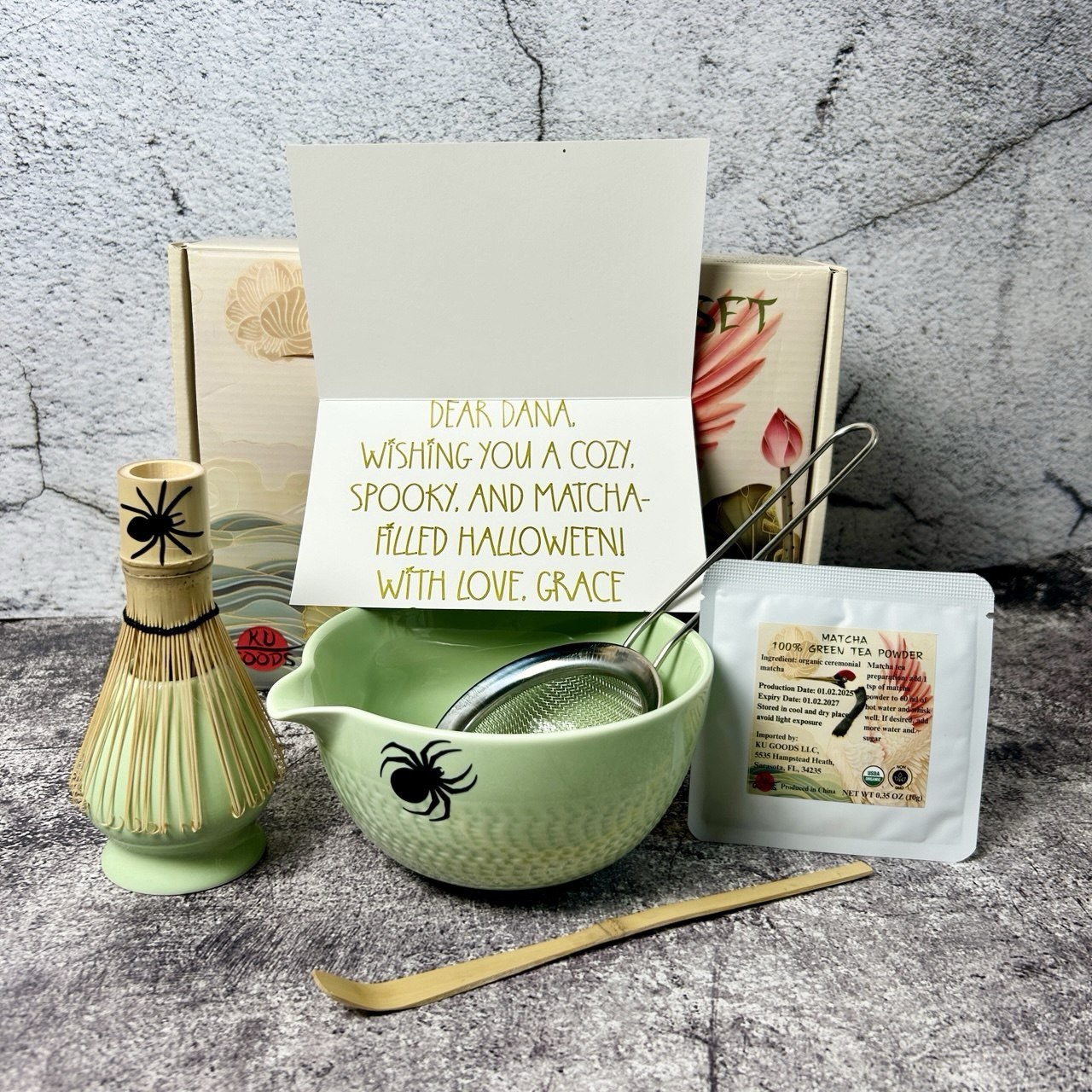 Halloween Personalized Matcha Tea Set – Spooky Gift with Custom Card