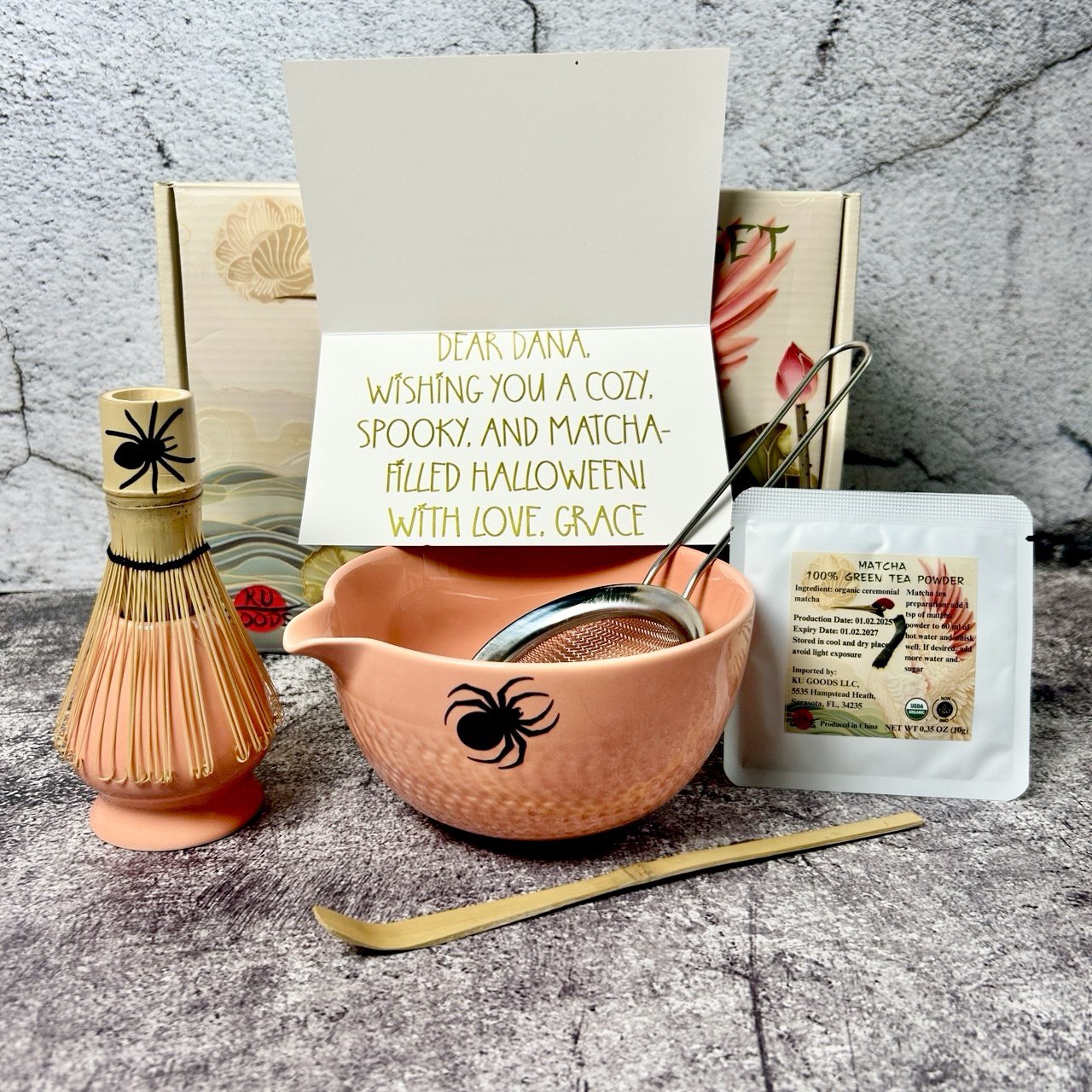 Halloween Personalized Matcha Tea Set – Spooky Gift with Custom Card