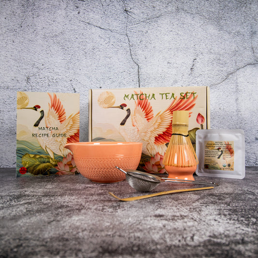 Gift Matcha Set – Matcha Bowl with Spout, Bamboo Whisk, Sifter, Holder, Matcha Powder and Recipe Guide (Orange)