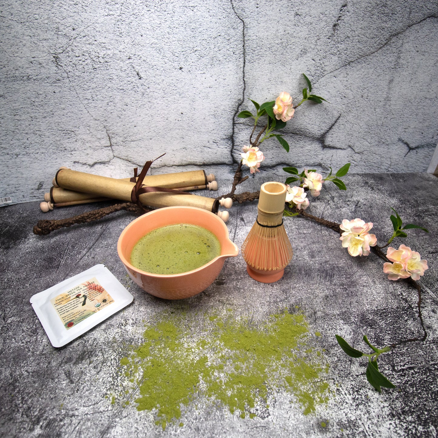Gift Matcha Set – Matcha Bowl with Spout, Bamboo Whisk, Sifter, Holder, Matcha Powder and Recipe Guide (Orange)
