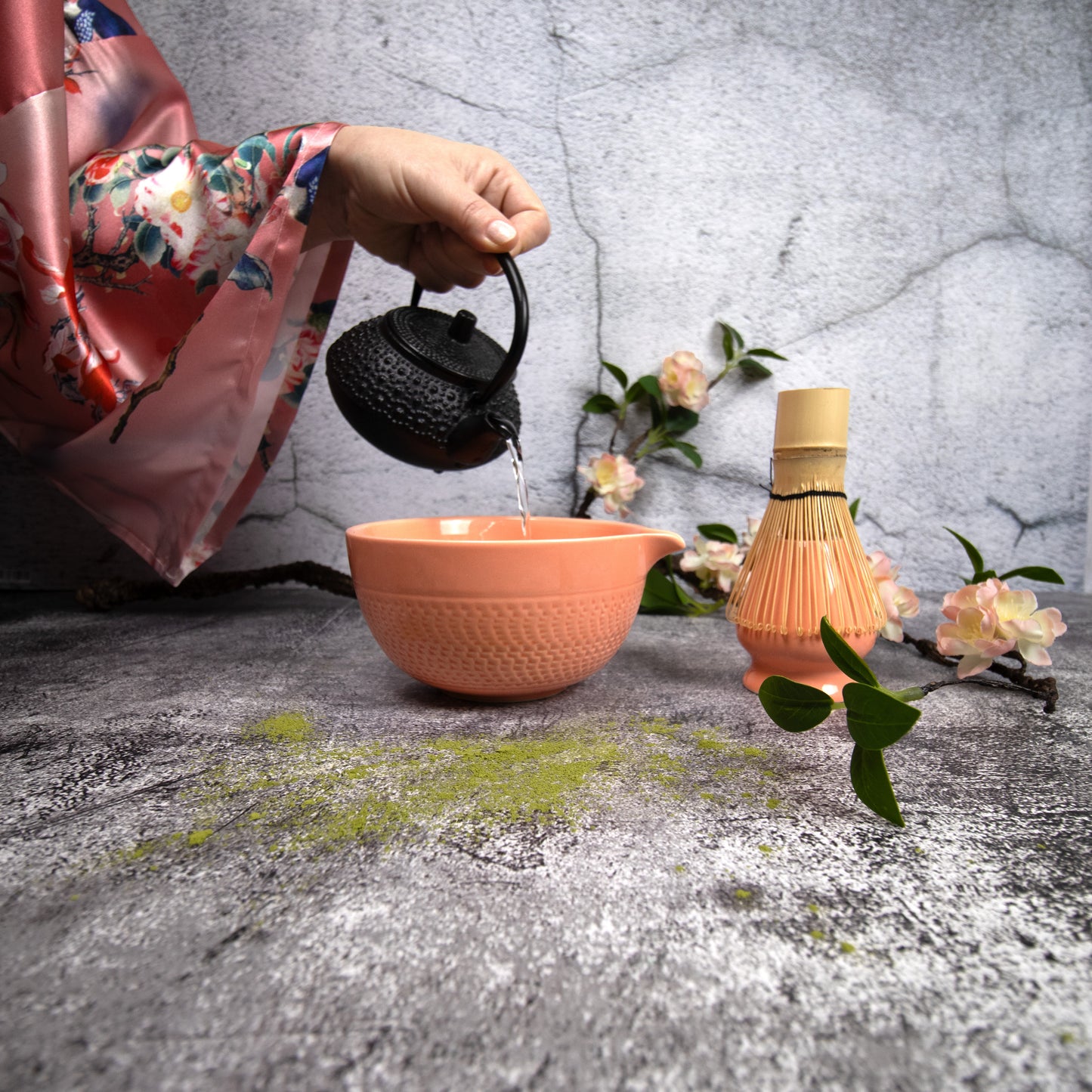 Gift Matcha Set – Matcha Bowl with Spout, Bamboo Whisk, Sifter, Holder, Matcha Powder and Recipe Guide (Orange)