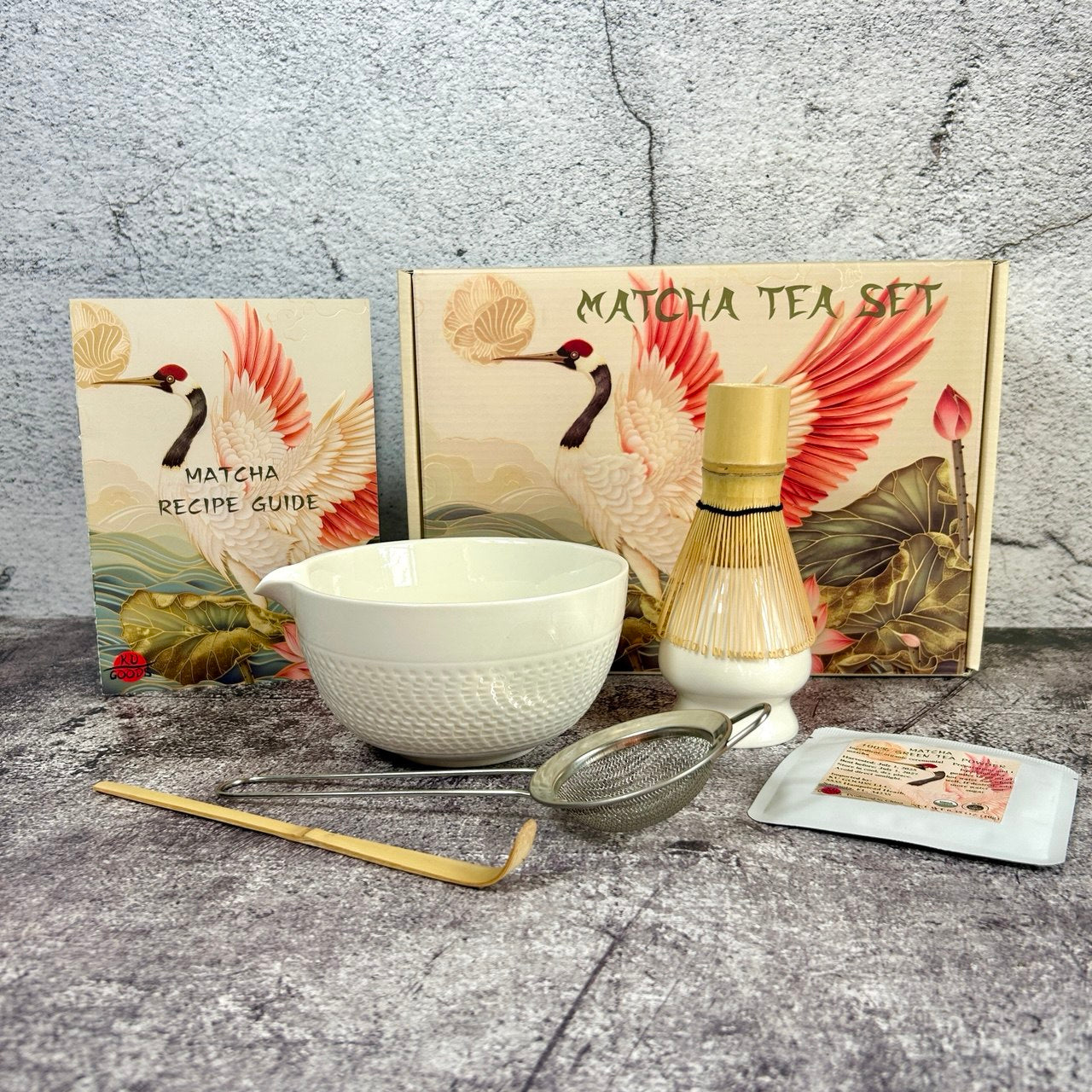 Matcha Set – Matcha Bowl with Spout, Bamboo Whisk, Sifter, Holder, Matcha Powder and Recipe Guide (White)