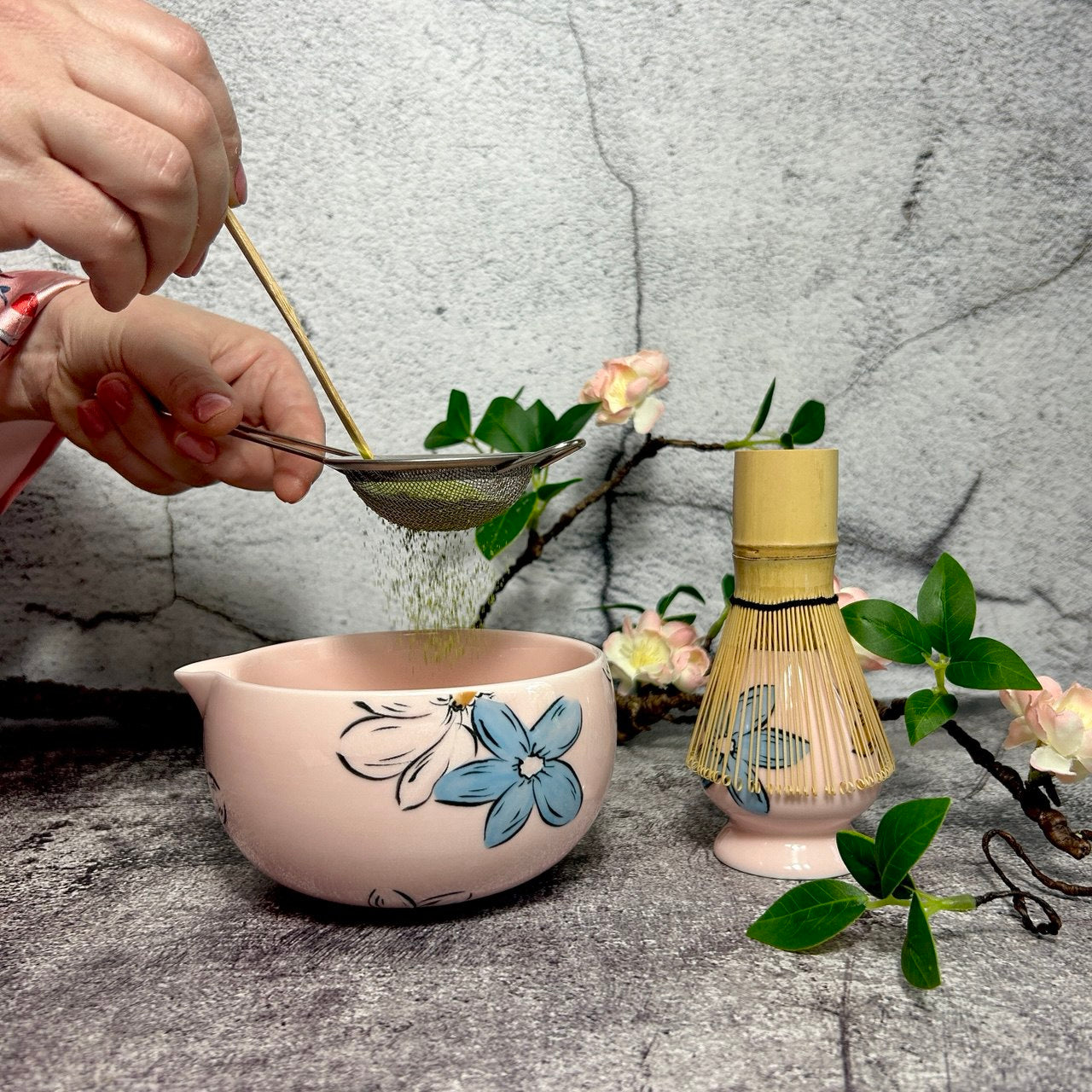 Matcha Set – Floral Matcha Bowl, Bamboo Whisk, Sifter, Holder, Matcha Powder and Recipe Guide (Sakura Pink)