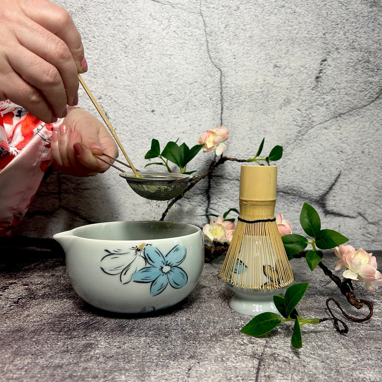 Matcha Set – Floral Matcha Bowl, Bamboo Whisk, Sifter, Holder, Matcha Powder and Recipe Guide (Blue-Grey)