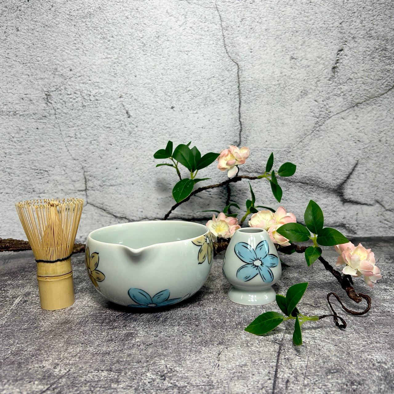 Matcha Set – Floral Matcha Bowl, Bamboo Whisk, Sifter, Holder, Matcha Powder and Recipe Guide (Blue-Grey)