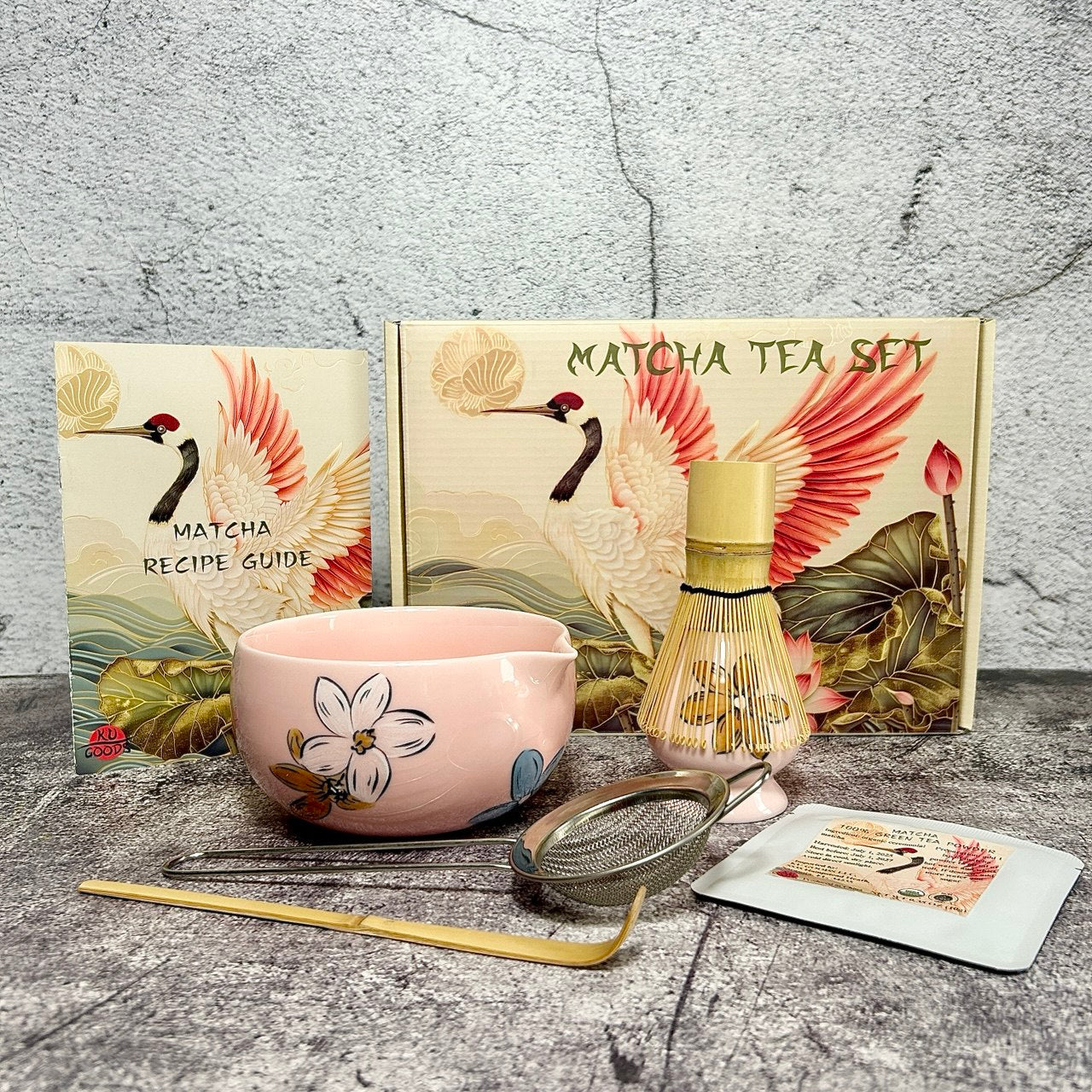 Matcha Set – Floral Matcha Bowl, Bamboo Whisk, Sifter, Holder, Matcha Powder and Recipe Guide (Sakura Pink)