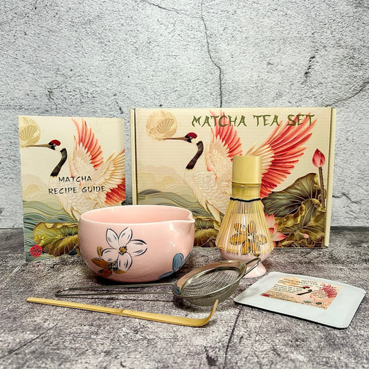 Matcha Set – Floral Matcha Bowl, Bamboo Whisk, Sifter, Holder, Matcha Powder and Recipe Guide (Sakura Pink)