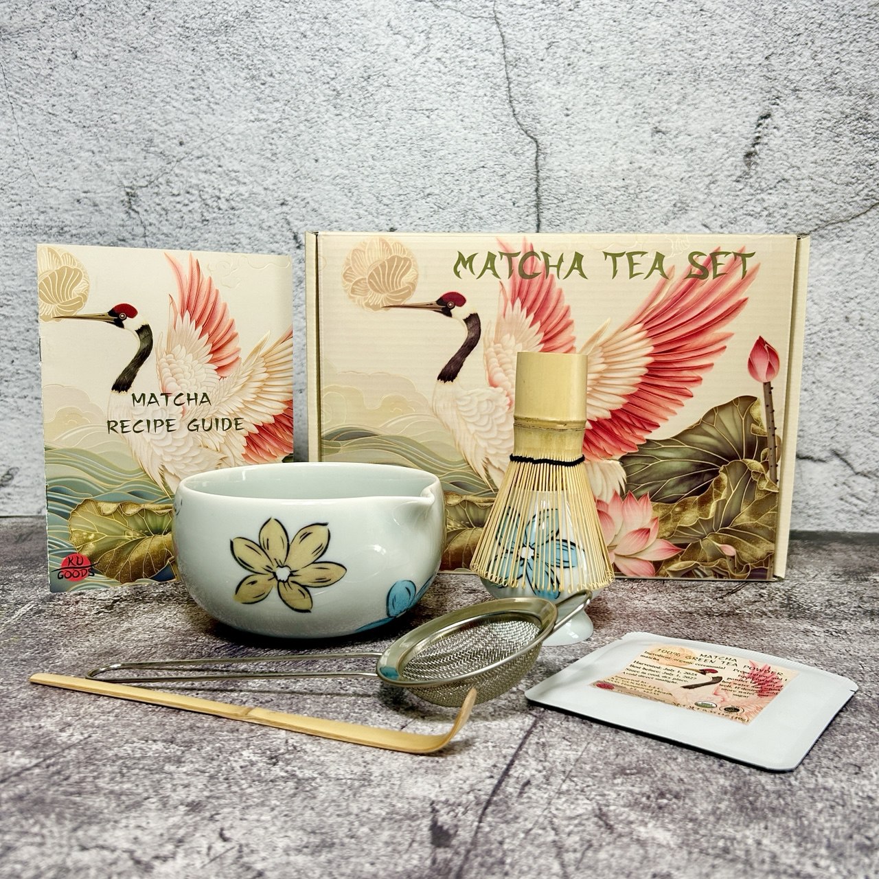 Matcha Set – Floral Matcha Bowl, Bamboo Whisk, Sifter, Holder, Matcha Powder and Recipe Guide (Blue-Grey)