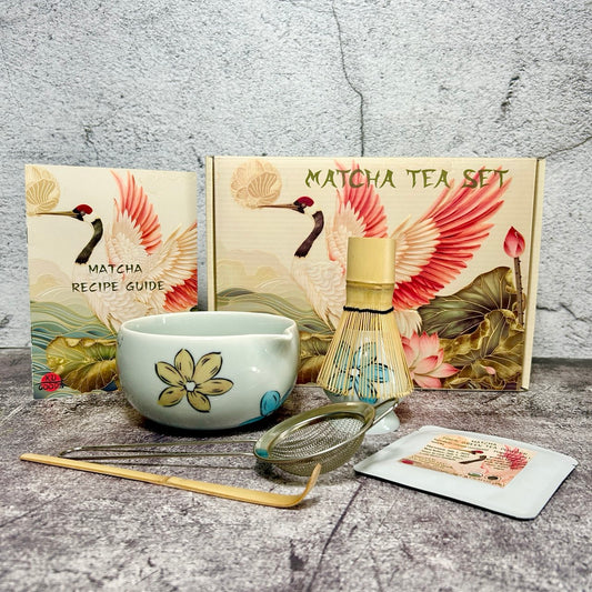 Matcha Set – Floral Matcha Bowl, Bamboo Whisk, Sifter, Holder, Matcha Powder and Recipe Guide (Blue-Grey)